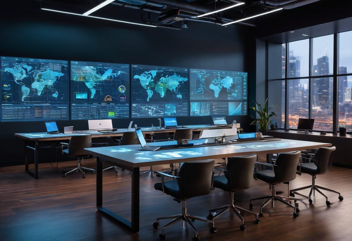 A sleek, modern office environment with professionals collaborating around a large touch-screen table displaying complex network diagrams and CPARS analytics. Incorporate elements like server racks, laptops, and digital interface holograms. Ensure a dynamic and futuristic feel with advanced technology seamlessly integrated into the workspace. super-realistic. vibrant colors. futuristic style.